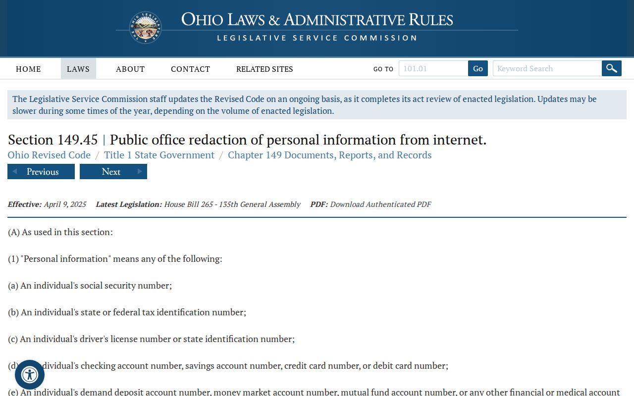 Kent neighbors Ohio personal-information redaction statute