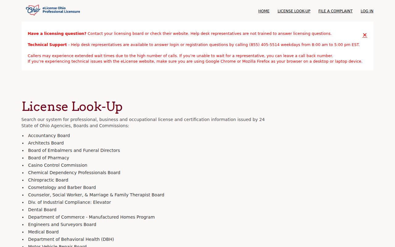 Kent resident lookup view of the Ohio eLicense verification source